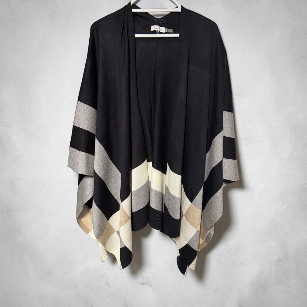 Calvin Klein Plaid Open-Front Poncho Ruana Shawl Wrap Black Tan Cream One Size